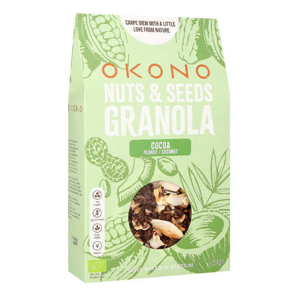 OKONO Nuts & Seeds Granola packaging with green design and granola image on a white background