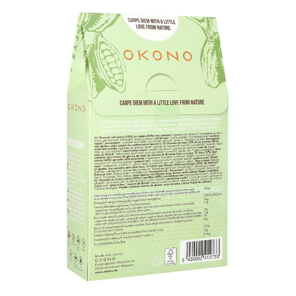 Green packaging of OKONO with text and branding on a white background